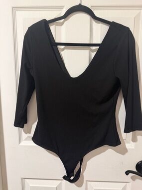 H&M Black Ribbed Deep V Bodysuit with Three-Quarter Sleeves